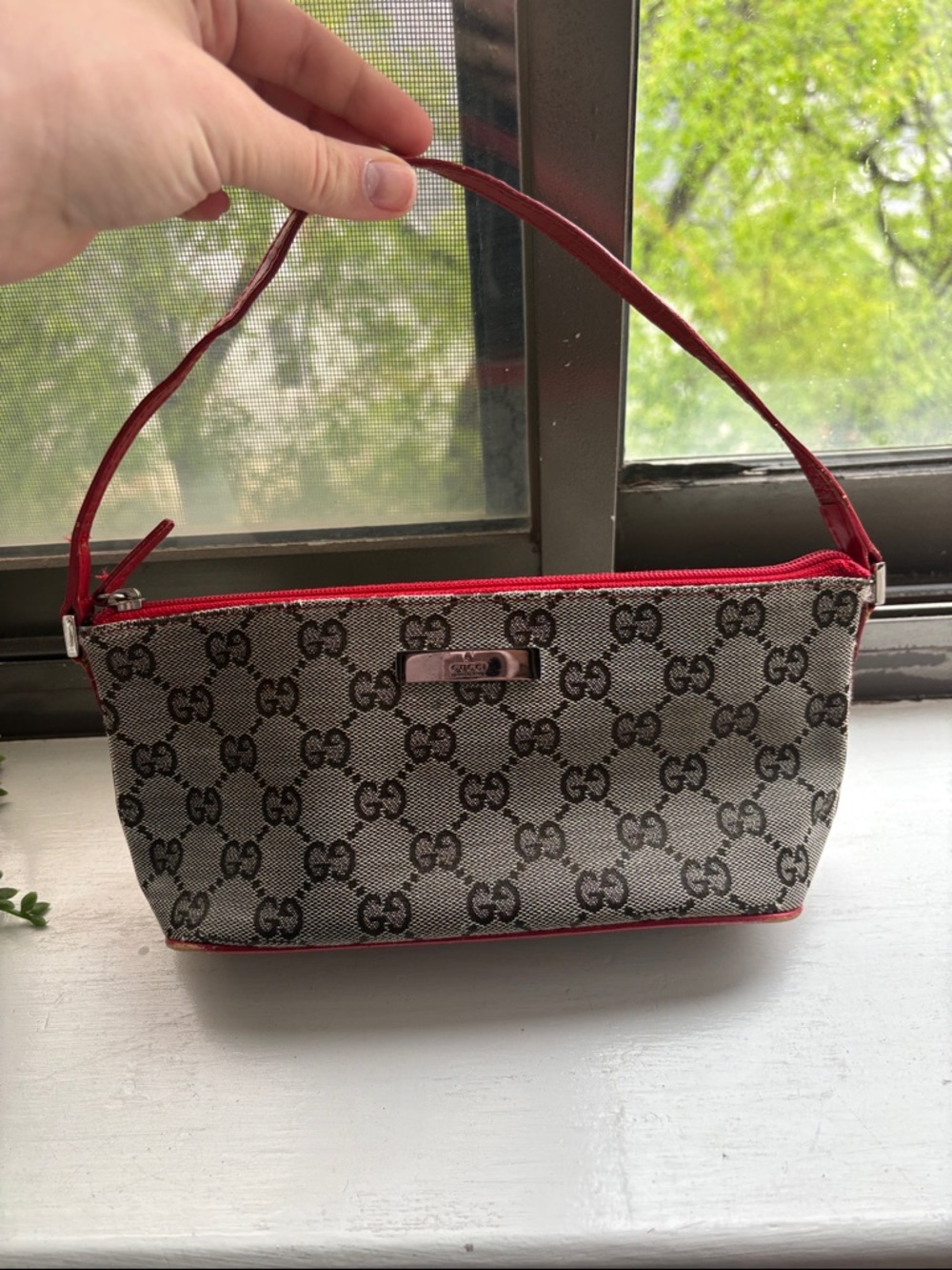Gucci Beige/Black Monogram Wristlet with Red Trim